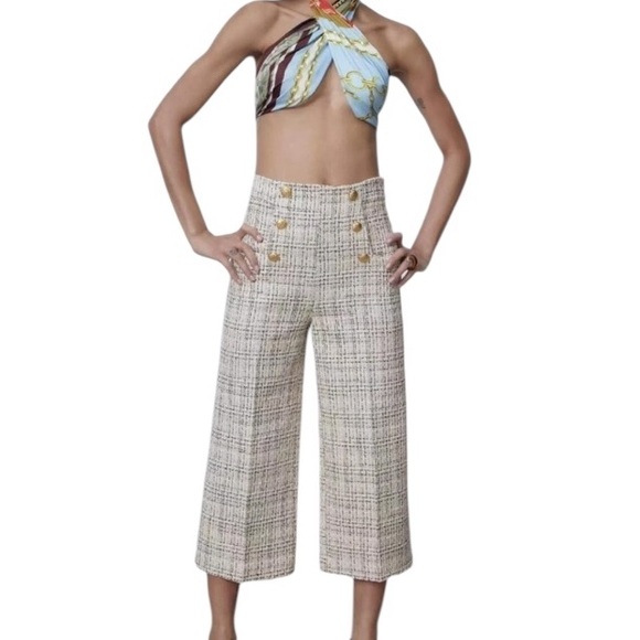NEW Zara Cream Plaid Tweed Sailor Wide Leg Cropped Culottes Pants - XS - Picture 1 of 16